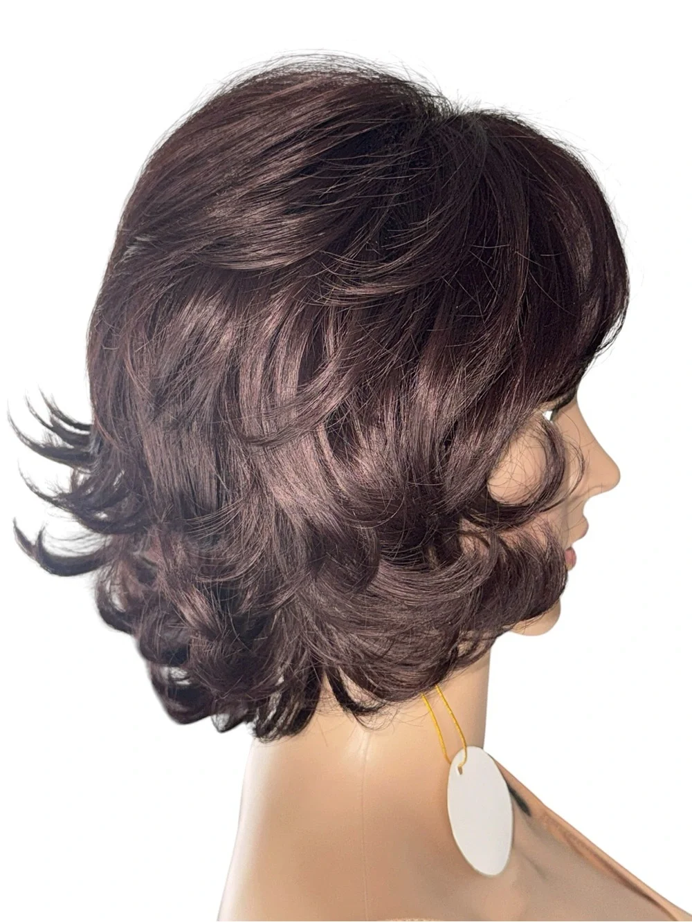 Short Curly Eggplant Plum Synthetic Wig with Bangs Wavy Voluminous Pixie Bob